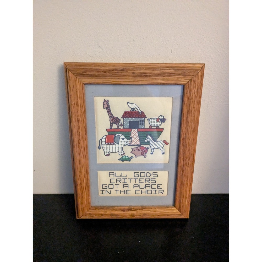 Vintage Noahs Ark Cross Stitch Framed Wall Art All Gods Critters Wood Frame 7x9